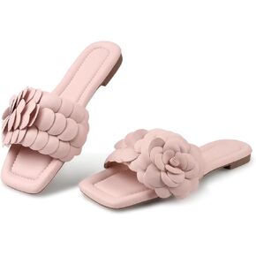 صنادل مسطحة من MUSSHOE للنساء، صنادل مريحة بمقدمة مربعة للنساء، صيفية أنيقة، وردي مسطح 6 in Kuwait