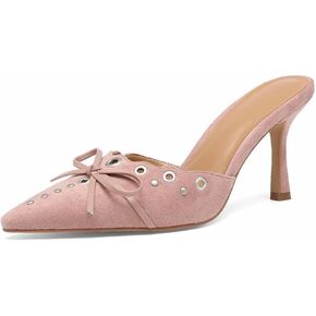 حذاء نسائي سهل الارتداء بكعب قطة صنادل مدببة مرصعة بفيونكة من جلد الغزال للنساء فستان رقص للسيدات in Kuwait