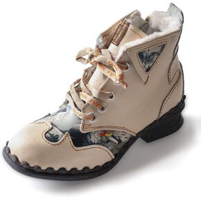 TMA EYES Newsprint Leather with Faux Fur Lining Women's Ankle Boots