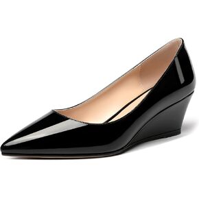 MERRORI Women's Black Solid Slip On Pointed Toe Patent Low Heel Wedge 2 Inch Pumps Shoes Size 9.5 - Ropa Y Zapatos para Mujer