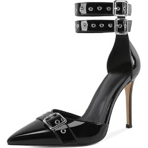 SAMMITOP Womens Pointed Toe D'Orsay Pumps Stilettos High Heel Ankle Strap Buckle Metal Eyelet Wedding Party Dress Shoes 4 Inch