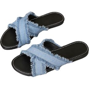GORGLITTER Women's Crisscross Flat Denim Sandals Tassel Trim Strappy Open Toe Summer Slide Sandals
