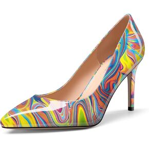 Womens Mid Heel Pointed Toe Pumps Slip-on Prom Cute Patent Leather Summer 3.2 Inches Shoes