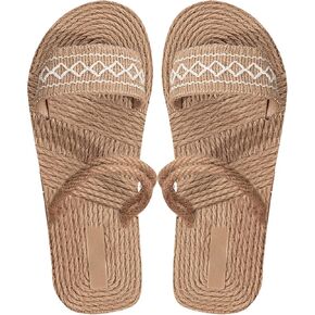 OYOANGLE Women's Beach Straw Sandals Geo Print Double Straps Vacation Flats Sandals