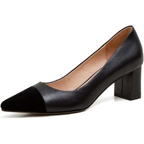 Women's Trendy Pointed Cap Toe Slip On Comfort Two-toned Chunky High Heel Pumps for Office Evening Wedding