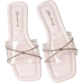 GORGLITTER Women's Clear Sandals Rhinestone Slides Square Toe Slide Sandals