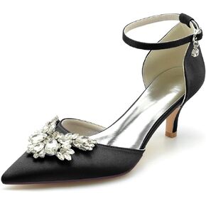 Closed Toe Satin Low Kitten Heels White Wedding Shoes for Bride Ankle Strap Rhinestones Beaded Bridal Shoes Evening Prom Party Dress Pumps for Women