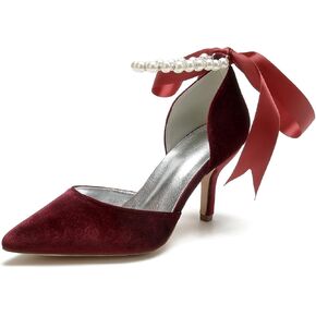 Womens Velvet Pointed Toe High Heel Pumps Comfort Kitten Heels for Bride Pearls Prom Evening Party Dress Shoes