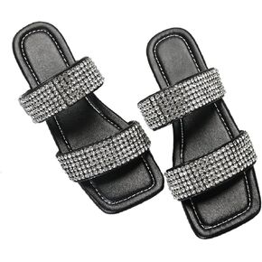 Women's Leather Two Strap Rhinestone Flat Slide Sandals Square Open Toe Lightweight Slip On Summer Casual Beach Slide Dressy Sandals