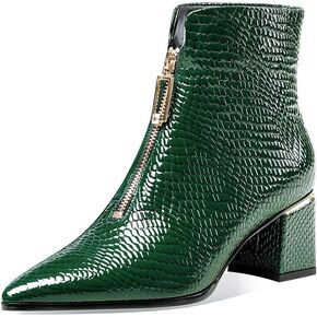 TinaCus Women's Handmade Genuine Leather Pointed Toe Stylish Zip Up Mid Chunky Heel Ankle Booties