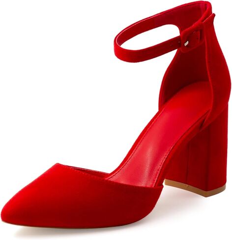 Women's Pointed Toe Pumps Ankle Strap Buckle Chunky Block Heel Dress Wedding Bride D'Orsay Shoes in Saudi Arabia