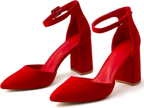 Women's Pointed Toe Pumps Ankle Strap Buckle Chunky Block Heel Dress Wedding Bride D'Orsay Shoes in Saudi Arabia