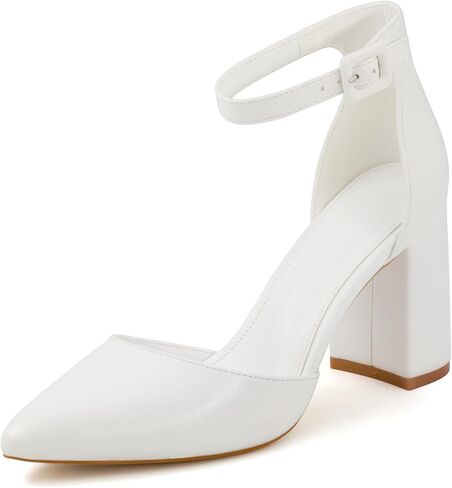 Women's Pointed Toe Pumps Ankle Strap Buckle Chunky Block Heel Dress Wedding Bride D'Orsay Shoes in Saudi Arabia