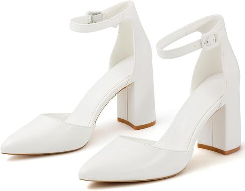 Women's Pointed Toe Pumps Ankle Strap Buckle Chunky Block Heel Dress Wedding Bride D'Orsay Shoes in Saudi Arabia