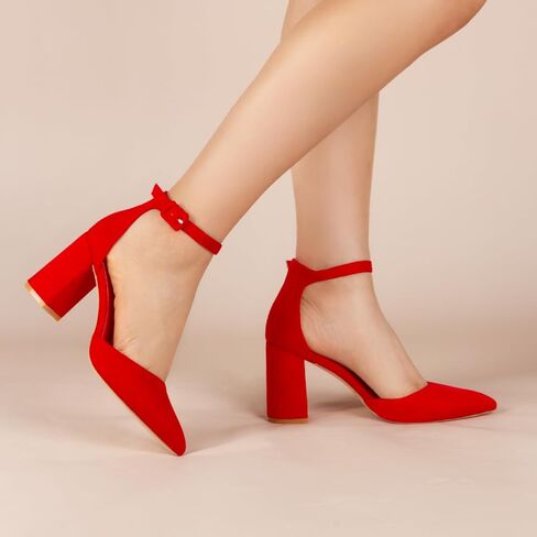 Women's Pointed Toe Pumps Ankle Strap Buckle Chunky Block Heel Dress Wedding Bride D'Orsay Shoes in Saudi Arabia