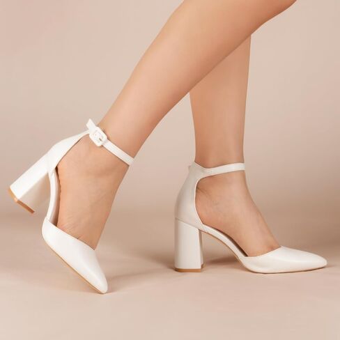 Women's Pointed Toe Pumps Ankle Strap Buckle Chunky Block Heel Dress Wedding Bride D'Orsay Shoes in Saudi Arabia