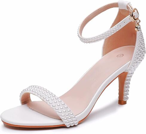 3 Inches Women's Ankle Strap Stiletto Heels Sandals Open Toe White Pearls Bridal Wedding Shoes Evening High Heel Pump Shoes in Saudi Arabia