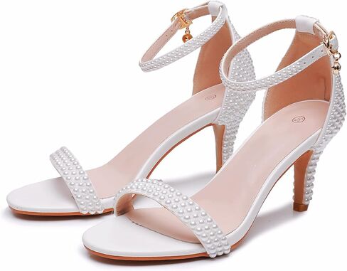 3 Inches Women's Ankle Strap Stiletto Heels Sandals Open Toe White Pearls Bridal Wedding Shoes Evening High Heel Pump Shoes in Saudi Arabia