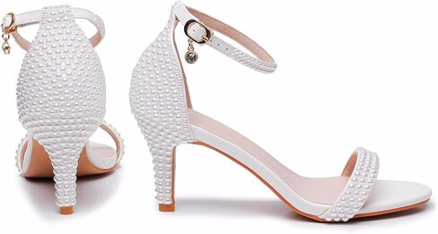 3 Inches Women's Ankle Strap Stiletto Heels Sandals Open Toe White Pearls Bridal Wedding Shoes Evening High Heel Pump Shoes in Saudi Arabia