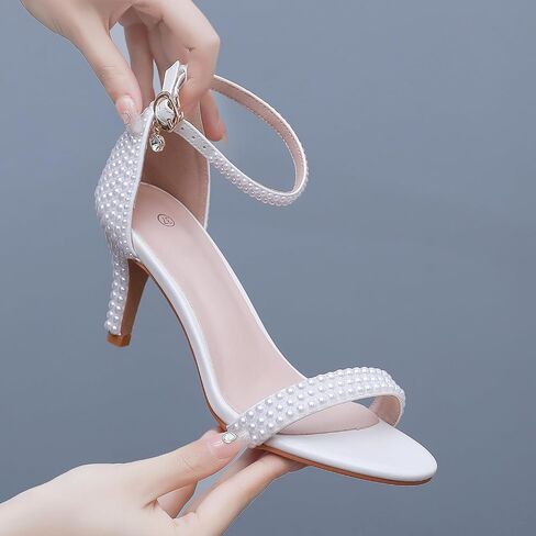 3 Inches Women's Ankle Strap Stiletto Heels Sandals Open Toe White Pearls Bridal Wedding Shoes Evening High Heel Pump Shoes in Saudi Arabia