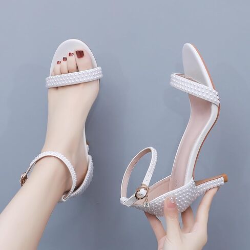 3 Inches Women's Ankle Strap Stiletto Heels Sandals Open Toe White Pearls Bridal Wedding Shoes Evening High Heel Pump Shoes in Saudi Arabia