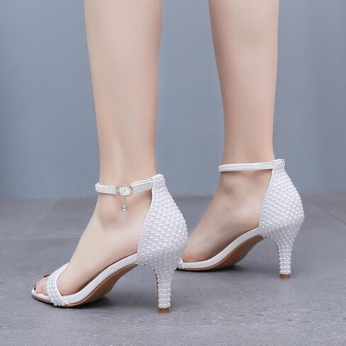 3 Inches Women's Ankle Strap Stiletto Heels Sandals Open Toe White Pearls Bridal Wedding Shoes Evening High Heel Pump Shoes in Saudi Arabia