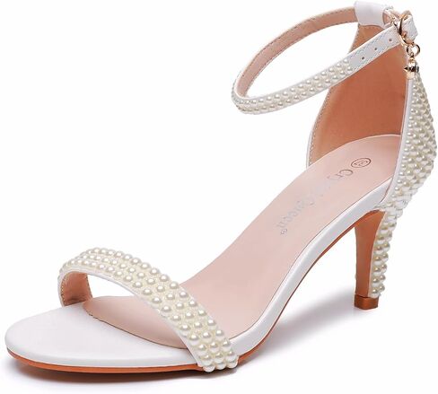 3 Inches Women's Ankle Strap Stiletto Heels Sandals Open Toe White Pearls Bridal Wedding Shoes Evening High Heel Pump Shoes in Saudi Arabia