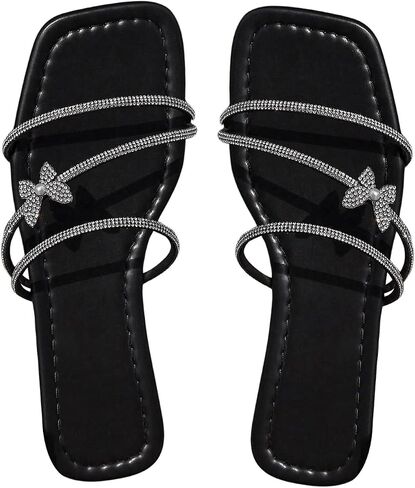 GORGLITTER Women's Fancy Sandals Dressy Rhinestone Flat Sandals Butterfly Slip on Open Toe Slide Sandals in Saudi Arabia