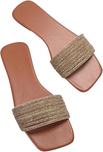 GORGLITTER Women's Rhinestone Sparkly Sandals Glitter Square Open Toe Dressy Summer Flat Sandals in Kuwait