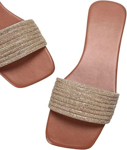 GORGLITTER Women's Rhinestone Sparkly Sandals Glitter Square Open Toe Dressy Summer Flat Sandals in Kuwait