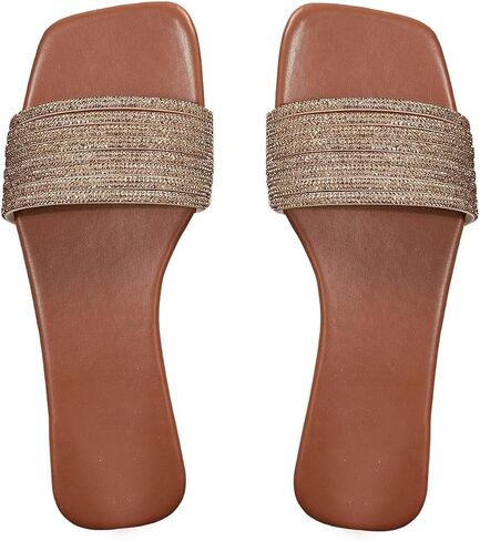 GORGLITTER Women's Rhinestone Sparkly Sandals Glitter Square Open Toe Dressy Summer Flat Sandals in Kuwait