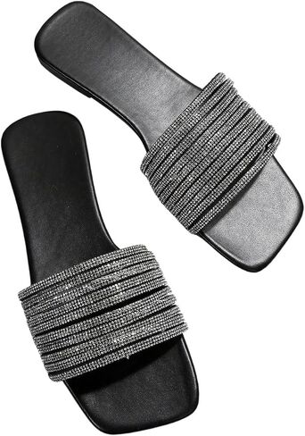GORGLITTER Women's Rhinestone Sparkly Sandals Glitter Square Open Toe Dressy Summer Flat Sandals in Kuwait
