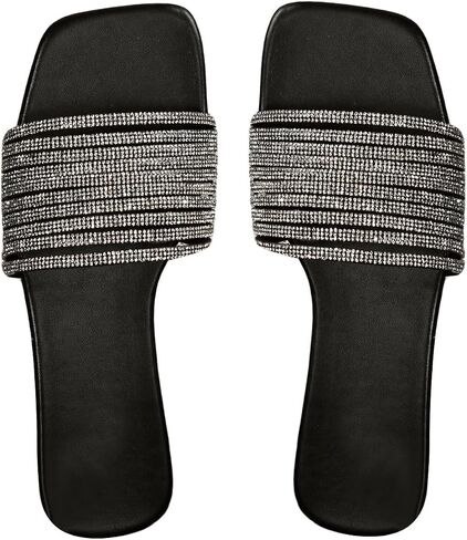 GORGLITTER Women's Rhinestone Sparkly Sandals Glitter Square Open Toe Dressy Summer Flat Sandals in Kuwait