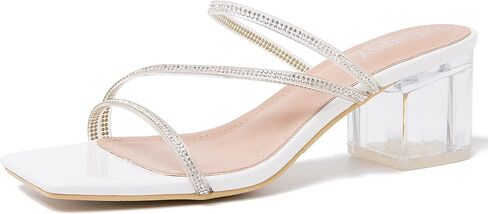 المرأة واضح حجر الراين الكعوب مربع مفتوح اصبع القدم كتلة منخفضة حذاء بكعب مكتنز الصنادل Strappy البغال عارية الذراعين النعال الانزلاق على فستان أحذية in Kuwait