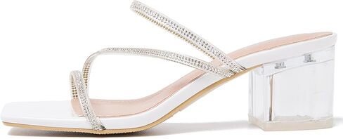 المرأة واضح حجر الراين الكعوب مربع مفتوح اصبع القدم كتلة منخفضة حذاء بكعب مكتنز الصنادل Strappy البغال عارية الذراعين النعال الانزلاق على فستان أحذية in Kuwait