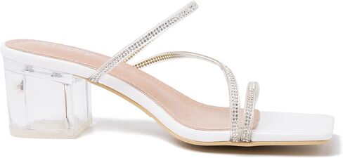 المرأة واضح حجر الراين الكعوب مربع مفتوح اصبع القدم كتلة منخفضة حذاء بكعب مكتنز الصنادل Strappy البغال عارية الذراعين النعال الانزلاق على فستان أحذية in Kuwait