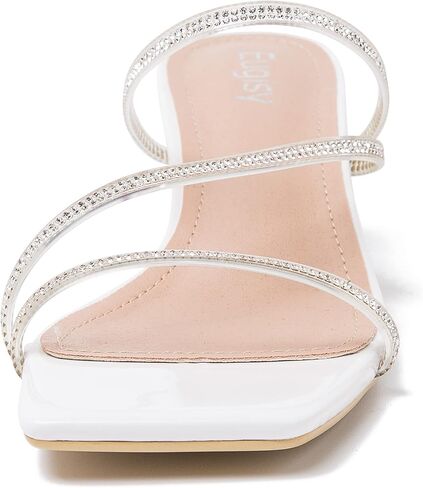 المرأة واضح حجر الراين الكعوب مربع مفتوح اصبع القدم كتلة منخفضة حذاء بكعب مكتنز الصنادل Strappy البغال عارية الذراعين النعال الانزلاق على فستان أحذية in Kuwait