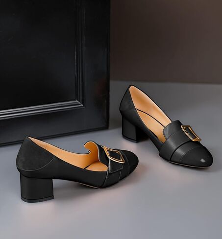 Zamikoo Block Heels for Women, Round Cap Toe Slip On Low Heel Pumps with Buckle Strap, Chunky Low Heels Loafers Pumps Dress Shoes for Wedding Party Office 2 Inches in Saudi Arabia