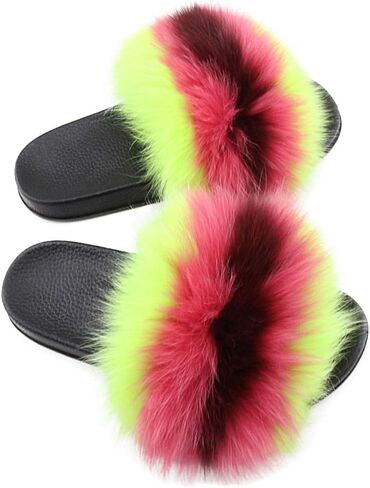 Yu Li Women Real Fox Fur Feather Vegan Leather Open Toe Single Strap Slip On Sandal in Saudi Arabia