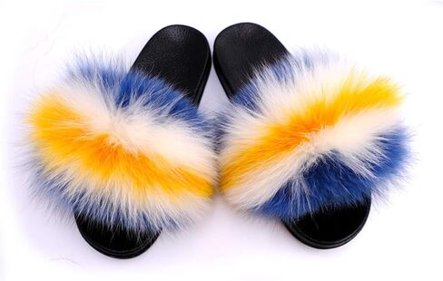 Yu Li Women Real Fox Fur Feather Vegan Leather Open Toe Single Strap Slip On Sandal in Saudi Arabia