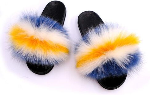 Yu Li Women Real Fox Fur Feather Vegan Leather Open Toe Single Strap Slip On Sandal in Saudi Arabia