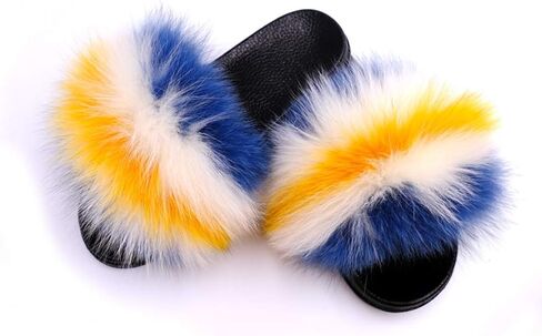 Yu Li Women Real Fox Fur Feather Vegan Leather Open Toe Single Strap Slip On Sandal in Saudi Arabia