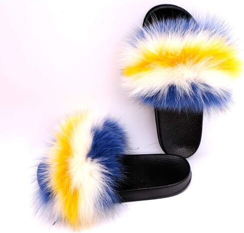 Yu Li Women Real Fox Fur Feather Vegan Leather Open Toe Single Strap Slip On Sandal in Saudi Arabia