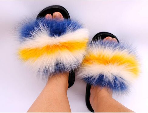 Yu Li Women Real Fox Fur Feather Vegan Leather Open Toe Single Strap Slip On Sandal in Saudi Arabia