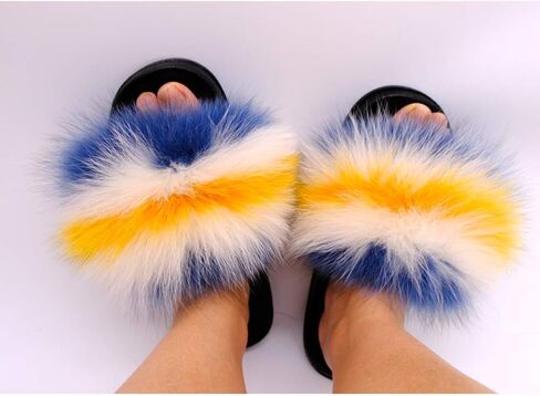 Yu Li Women Real Fox Fur Feather Vegan Leather Open Toe Single Strap Slip On Sandal in Saudi Arabia