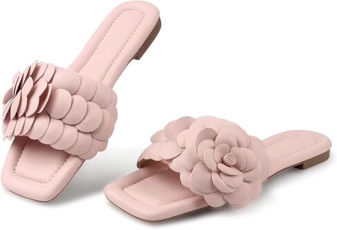 صنادل مسطحة من MUSSHOE للنساء، صنادل مريحة بمقدمة مربعة للنساء، صيفية أنيقة، وردي مسطح 6 in Kuwait