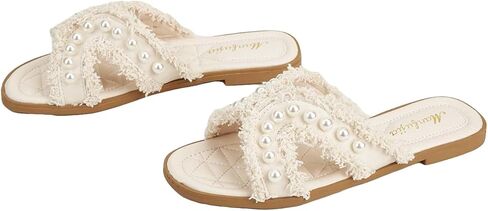 OYOANGLE Women's Pearl Decor Cross Straps Open Toe Flat Sandals Elegant Lightweight Slip on Dressy Sandals in Saudi Arabia