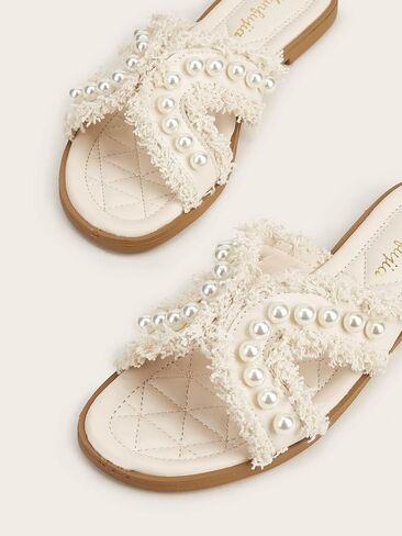 OYOANGLE Women's Pearl Decor Cross Straps Open Toe Flat Sandals Elegant Lightweight Slip on Dressy Sandals in Saudi Arabia