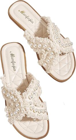 OYOANGLE Women's Pearl Decor Cross Straps Open Toe Flat Sandals Elegant Lightweight Slip on Dressy Sandals in Saudi Arabia