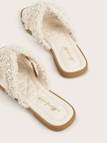 OYOANGLE Women's Pearl Decor Cross Straps Open Toe Flat Sandals Elegant Lightweight Slip on Dressy Sandals in Saudi Arabia